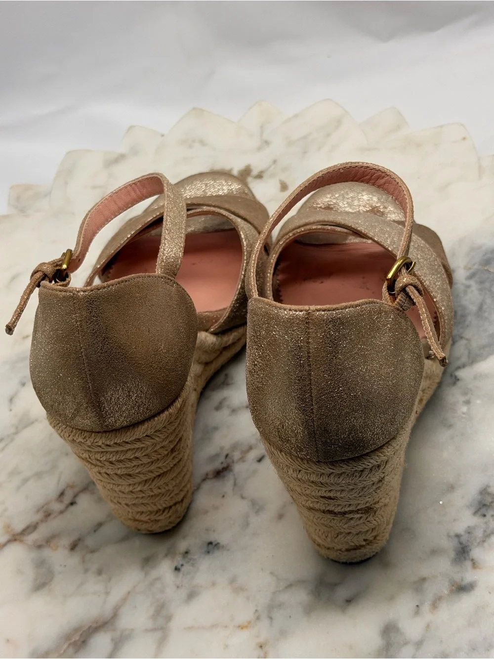 J.Crew Gold Metallic Suede Ankle Strap Espadrille Wedge Sandals Women Size 6.5
